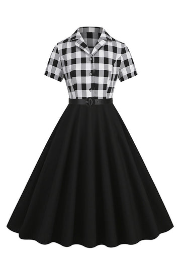 Cuello en V Mangas Cortas A Cuadros Negro 1950s Vestido Con Cinturón